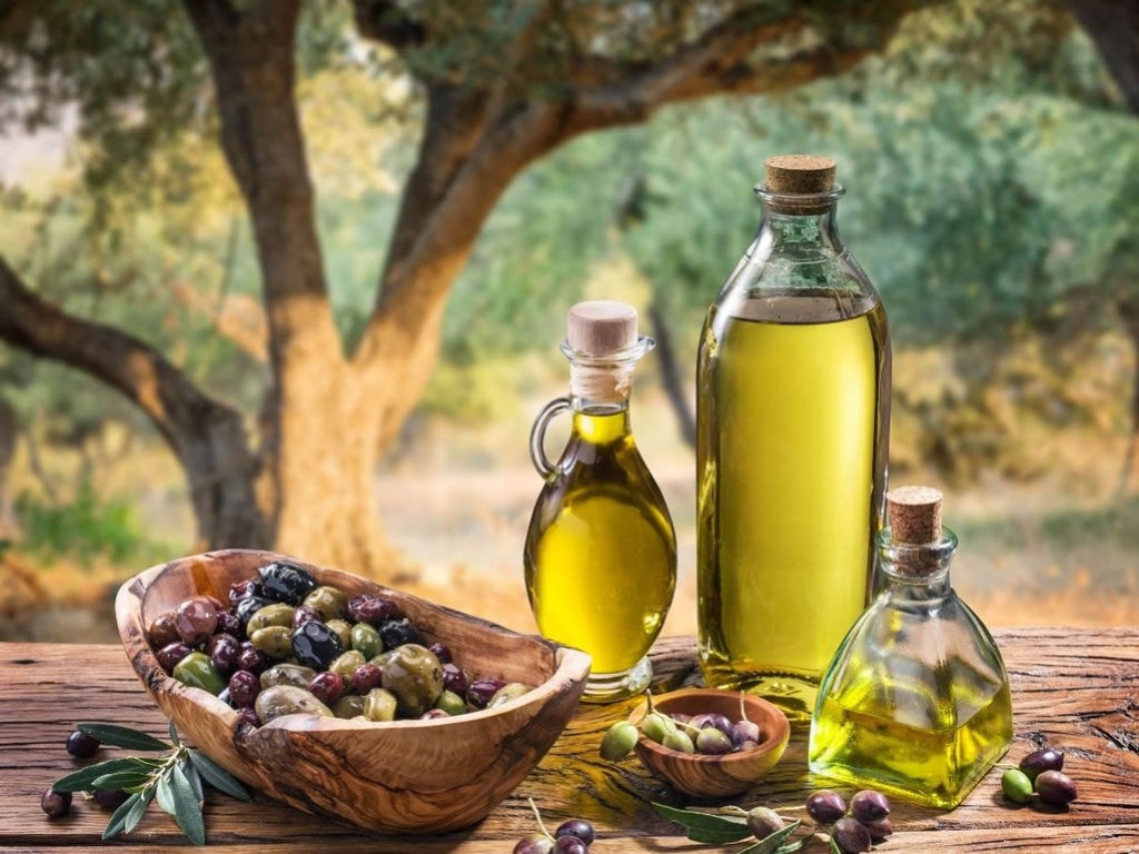Bottles of olive oil and a basket with different types of olives. In the background an olive tree